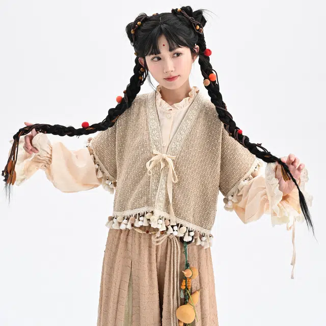 森女部落 基础款花边立领宽松长袖衬衫 女款 杏色