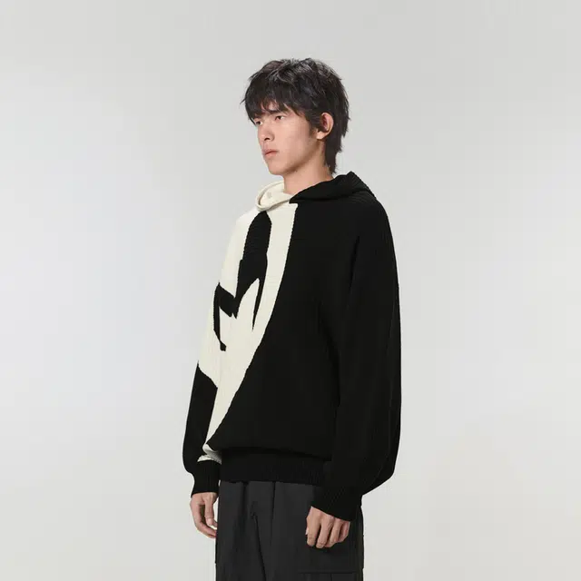 速写 撞色字母长袖套头连帽毛衣 男女同款 本黑