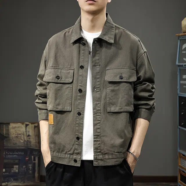 前进牛 秋季阿美咔叽复古潮牌军事风痞帅重磅休闲外穿上衣男潮流百搭宽松多口袋硬汉翻领夹克男牛仔外套 男款
