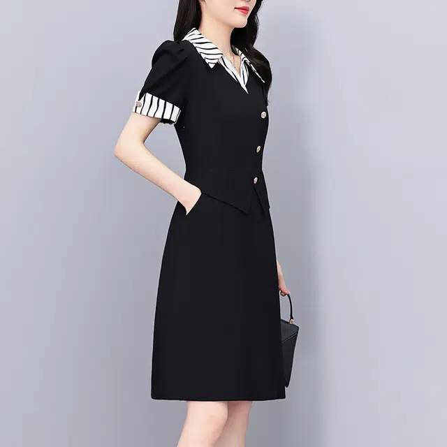 水中花 妈妈装显瘦条纹气质修身大码女装短袖连衣裙 女款