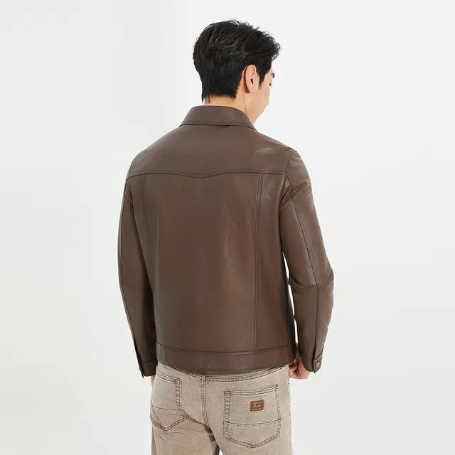 利郎 都市休闲纯色短款翻领质感百搭秋季皮衣 男款