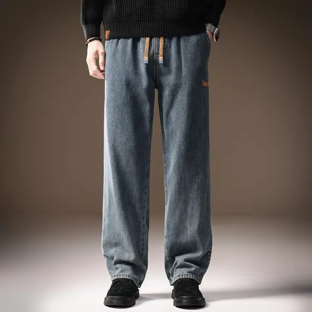 贵色 高端复古潮牌微弹休闲百搭印花设计感抗皱韩版修身直筒长裤牛仔裤 男女同款