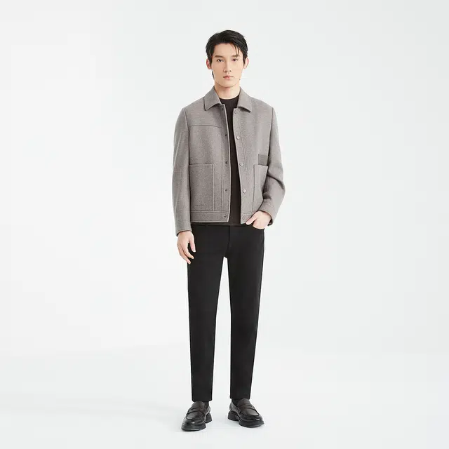 利郎 热燃科技翻领短款纯色保暖绵羊毛冬季大衣 男款