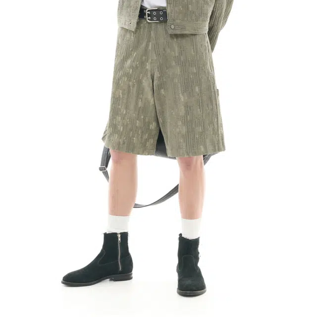BESLOW WASHED LINEN JACQUARD WORK SHORTS
