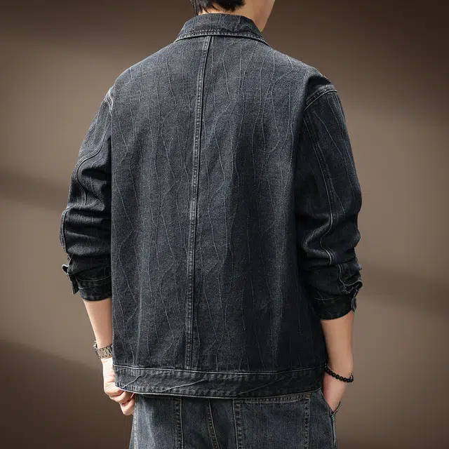 贵色 美式复古保暖提花肌理潮牌翻领休闲牛仔外套 男女同款