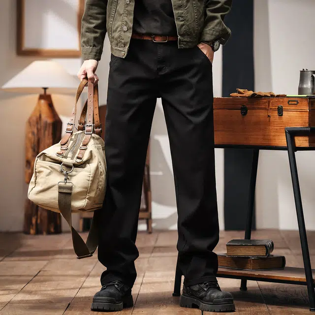 格蓝鹿 美式做旧重磅复古潮牌宽松立体水洗直筒大码垂感休闲工装裤 男女同款 黑色