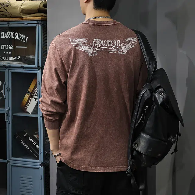 前进牛 秋季美式休闲经典复古潮牌高街风痞帅重磅水洗印花潮流纯棉宽松卫衣 男女同款