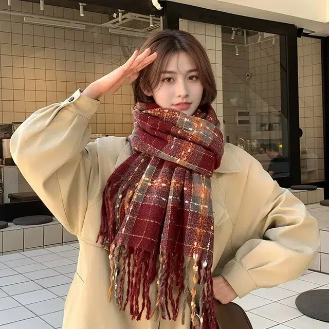 恩僾德 韩系浆果星星格纹高颜值小众保暖百搭氛围感 聚酯纤维 绒线围巾 男女同款情侣款