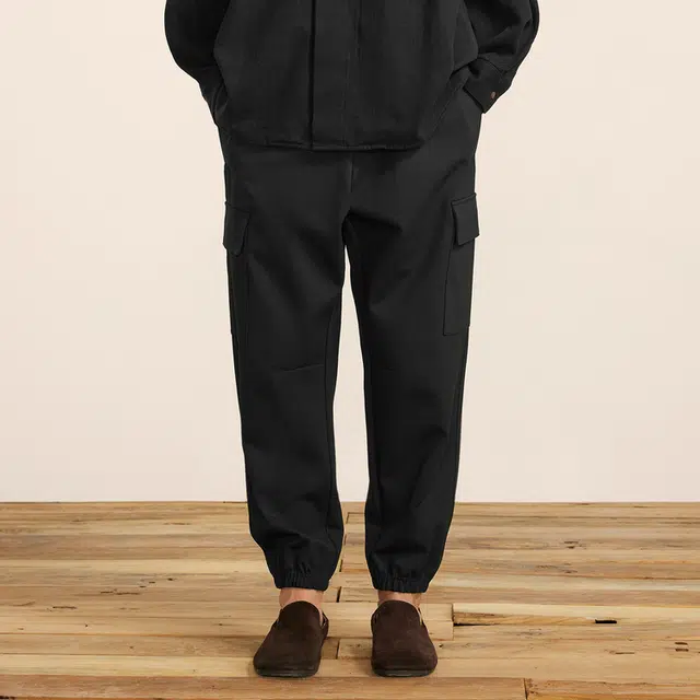 速写 宽松柔软束脚侧口袋纯色休闲裤 男款 本黑