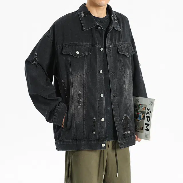 太子龍 破洞工装春秋季美式复古水洗做旧潮牌宽松上衣长袖牛仔外套 男款
