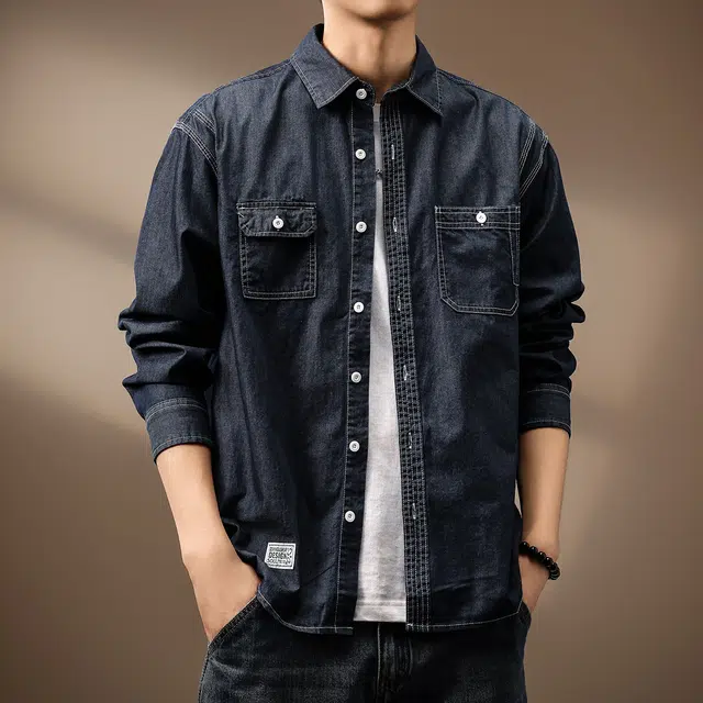 贵色 休闲工装纯色水洗丹宁硬汉外套微磨毛肌理感美式复古薄款长袖衬衫 男女同款