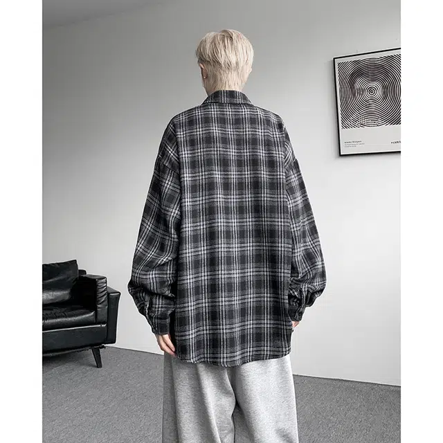 金盾 男衬衣外套格子港风刺绣宽松衬衫 男款