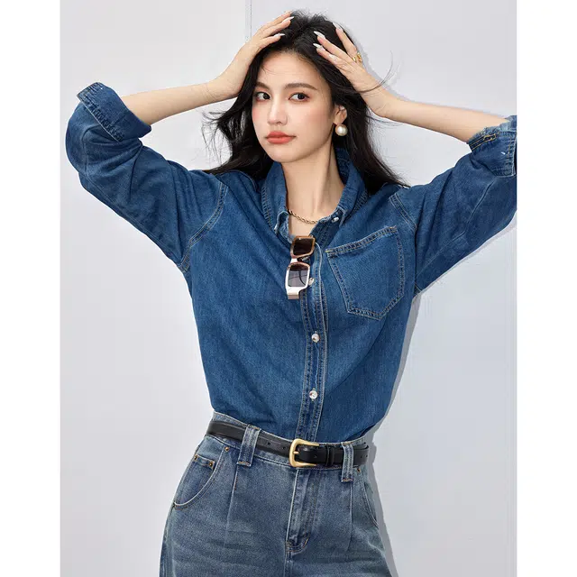 爱依莲 春秋季 时尚百搭高级经典复古长袖衬衫 女款 蓝色