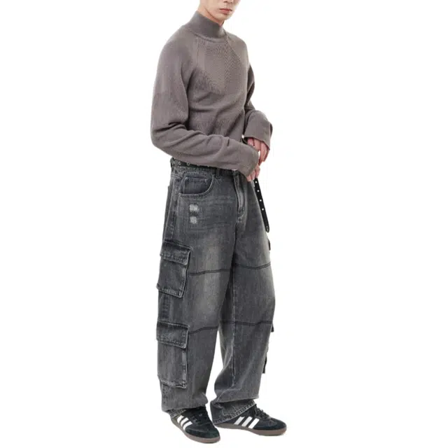 BESLOW FADED DENIM CARGO PANTS
