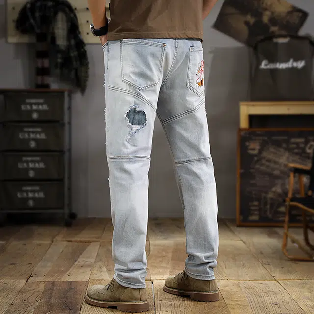 遨宇 秋季美式经典复古潮牌水洗中性风潮流破洞补丁高街刺绣休闲户外百搭修身直筒长裤牛仔裤 男款