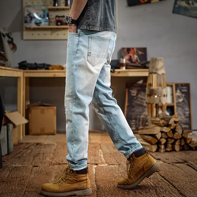 遨宇 高街破洞美式经典复古潮流高街风潮牌做旧水洗小脚裤户外百搭直筒牛仔裤 男款