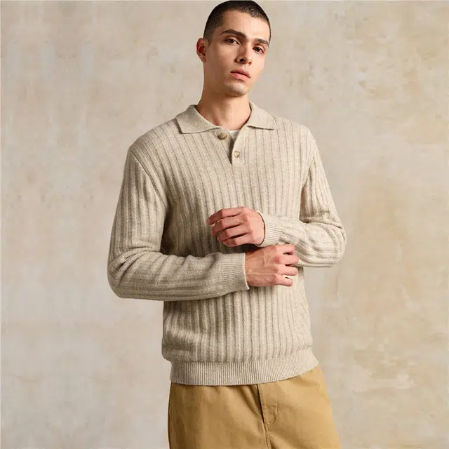 佐丹奴 翻领半开襟坑条混纺毛织针织衫 男款