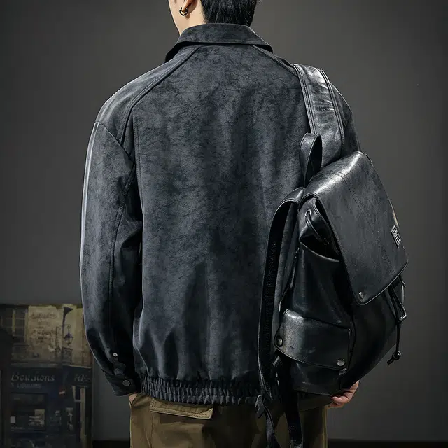 前进牛 美式休闲复古潮牌军事工装风潮流百搭宽松大码痞帅翻领飞行员外套皮衣 男款