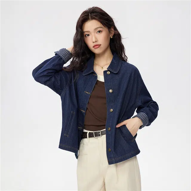 佐丹奴 随性时髦风水洗条纹内里翻领宽松牛仔外套 女款