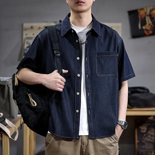 遨宇 夏季 美式休闲复古多口袋缉明线重磅牛仔工装短袖衬男五分袖衬衣休闲外套衬衫 宽松型 男女同款