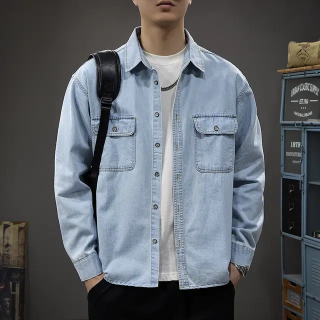 前进牛 美式休闲经典复古潮牌通勤风潮流运动学院风宽松简约长袖牛仔外套 男款