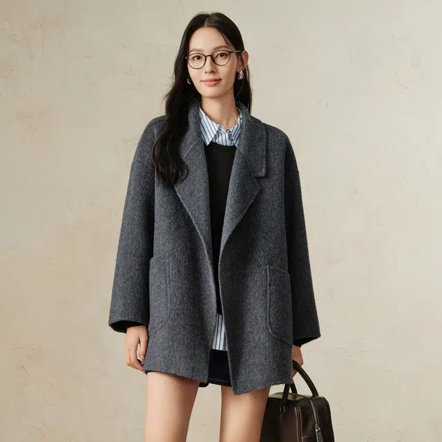 玖姿安娜蔻 简约松弛氛围感双面呢西装领落肩大衣 女款 灰色