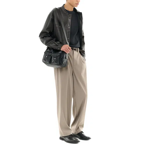 BESLOW VEGAN LEATHER STAND COLLAR JACKET