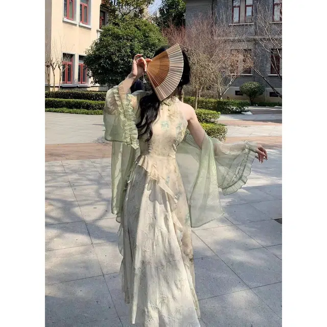 花蔓色 休闲气质清冷婉约国风穿搭印花禅意拼接不规则挂脖旗袍 舒适百搭时尚无袖连衣裙 女款