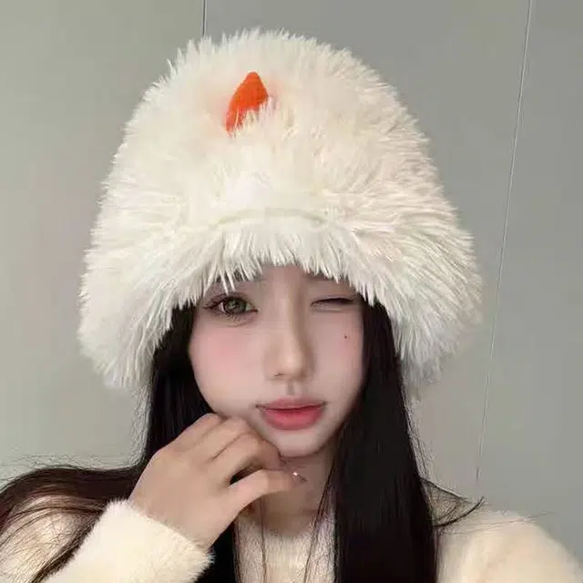 恩僾德 日常百搭小雪人毛绒小众高颜值可爱保暖包头显脸小 聚酯纤维 渔夫帽 男女同款情侣款