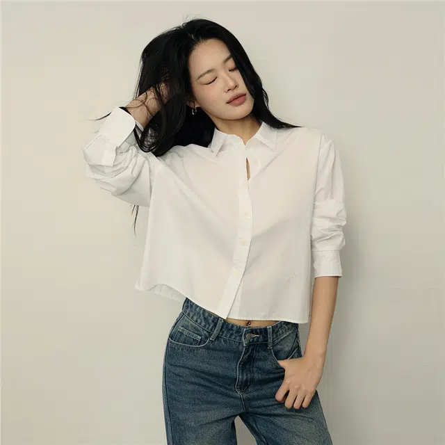 佐丹奴 韩国款纯棉刺绣短款梭织休闲长袖衬衫 女款