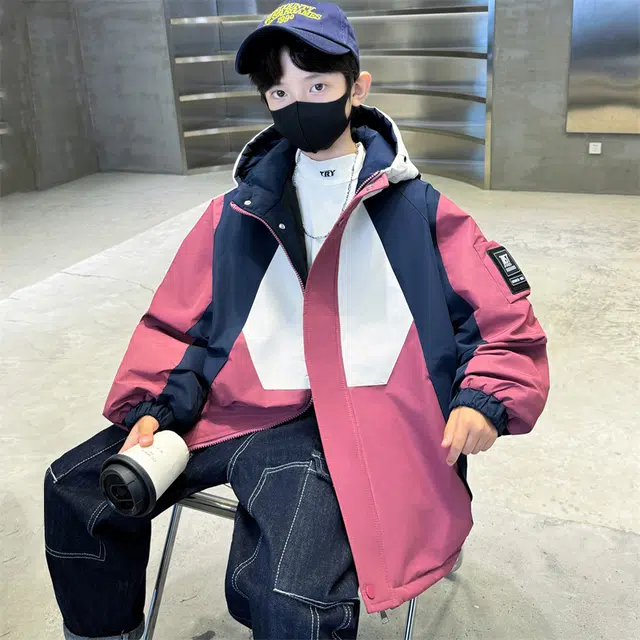雅鹿棉衣 拼色连帽拉链舒适百搭 藏青色 青少年