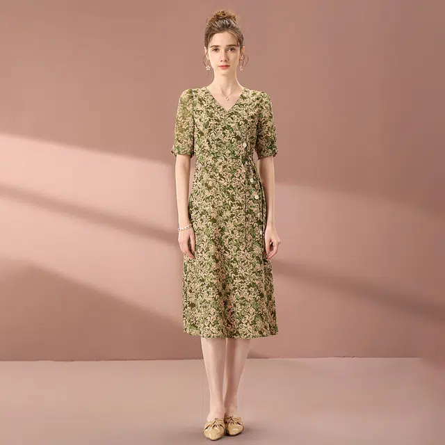 粉红玛琍 春,夏,秋 轻薄短袖连衣裙 收腰 女款 绿色