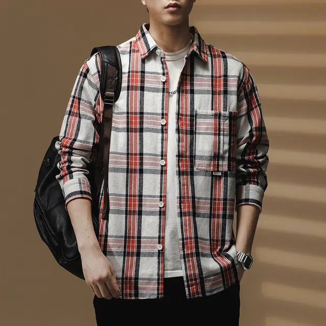 贵色 潮流纯棉翻领休闲百搭青年美式高级复古痞帅格子拼接长袖衬衫 男女同款