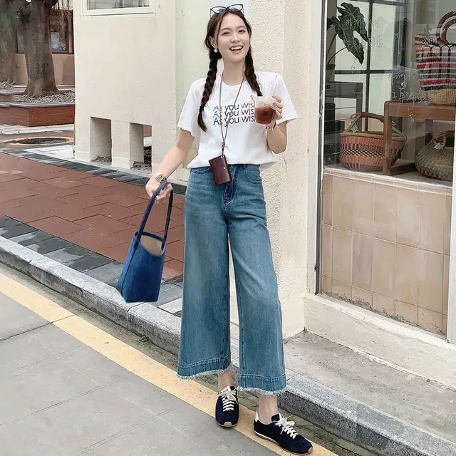 美洋 天菜阔腿裤 怀旧复古水洗休闲高腰宽松八分牛仔裤 女款 蓝色