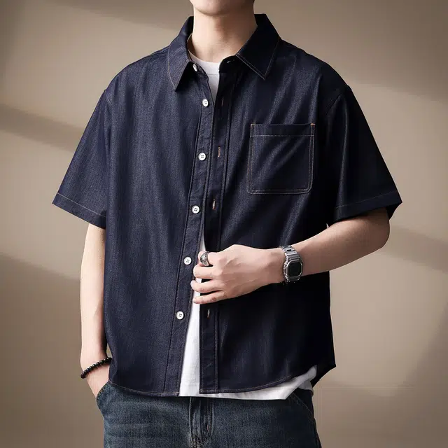 贵色 高端美式复古时尚潮流牛仔纯色简约口袋拼接新中式设计感休闲翻领单排扣短袖衬衫 男女同款
