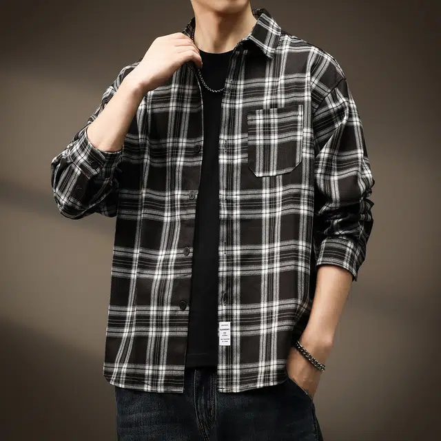 贵色 潮流美式休闲日常百搭复古高街格子长袖衬衫 男女同款