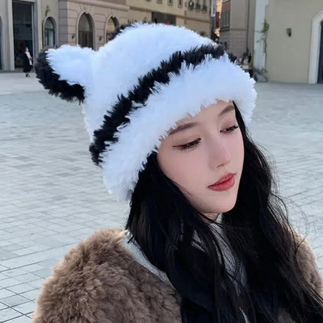 恩僾德 大头围软糯可爱小众百搭高颜值小熊耳朵毛绒帽子女秋冬季保暖显脸小甜美护耳帽 涤纶 绒线帽 男女同款情侣款