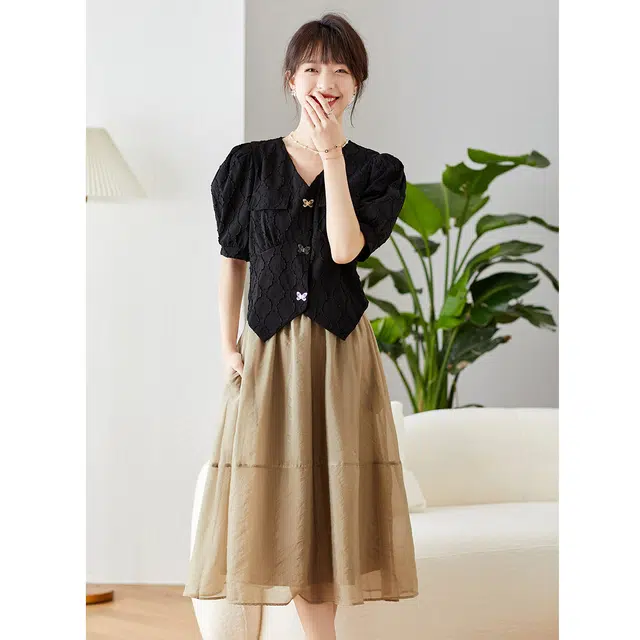 爱依莲 法式时尚复古连衣裙高级感赫本风气质显瘦百搭裙装套装 女款 黑色