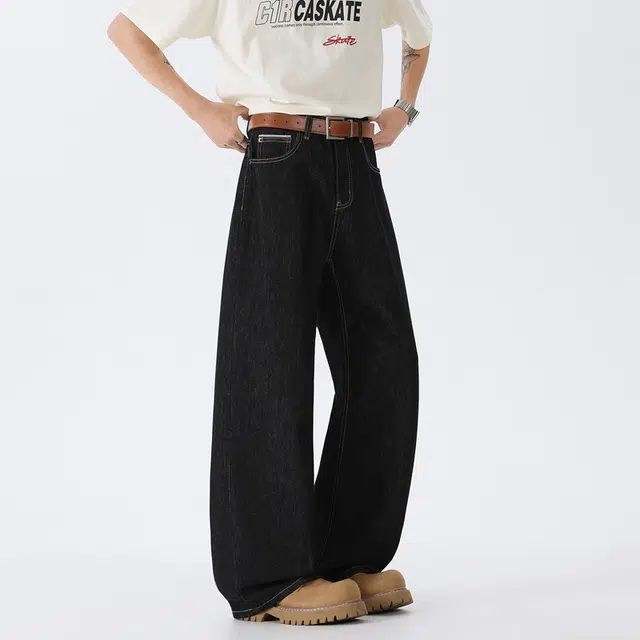 马员外 时尚百搭复古多口袋直筒宽松牛仔裤 男款