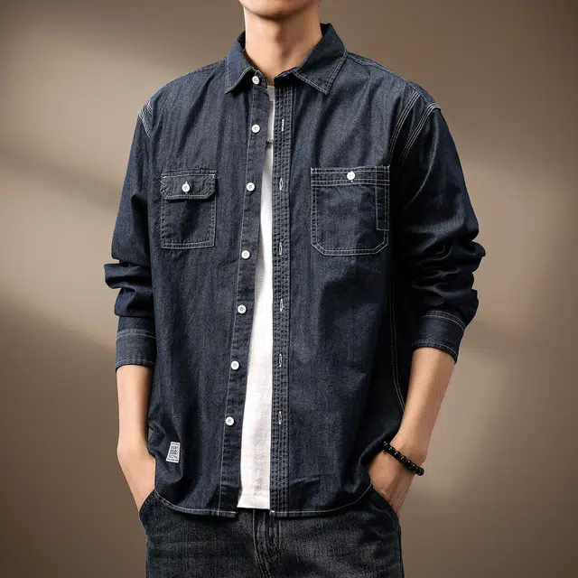 贵色 休闲工装纯色水洗丹宁硬汉外套微磨毛肌理感美式复古薄款长袖衬衫 男女同款