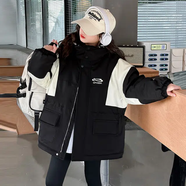 雅鹿棉衣 时尚潮流甜美气质保暖加绒加厚拼色宽松轻盈 黑色 青少年