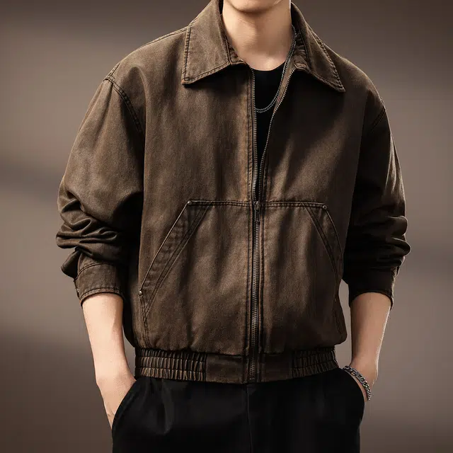 贵色 高端美拉德复古短款硬汉油蜡皮潮牌美式休闲痞帅机车风工装翻领做旧百搭夹克外套 男女同款