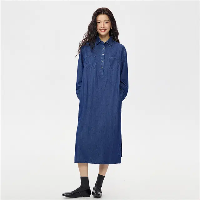 佐丹奴 纯棉薄款口袋绑带翻领牛仔长袖连衣裙 女款