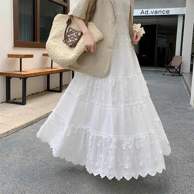 纤丝鸟 设计感小众半身裙气质显瘦长款重工蛋糕裙休闲长裙 女款 白色