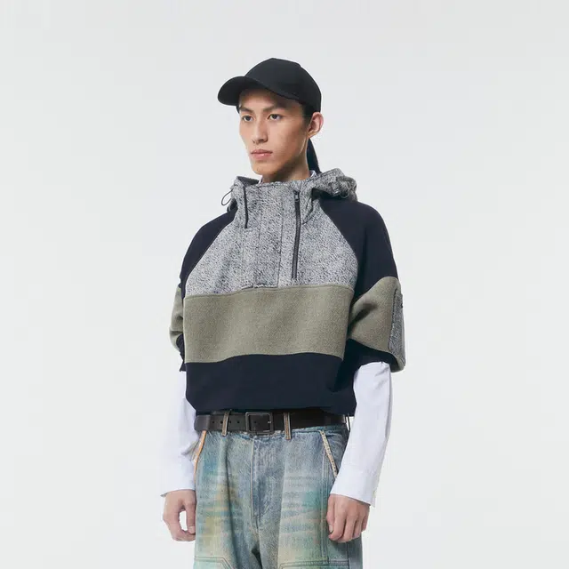 速写 复古牛仔拼接连帽套头卫衣 男女同款