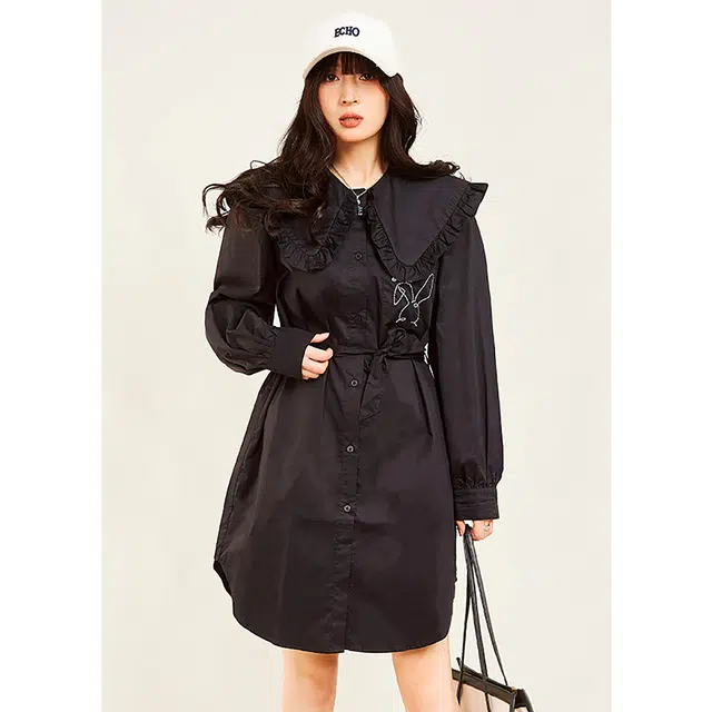 木果果木 学院风时尚舒适长袖连衣裙 女款 黑色