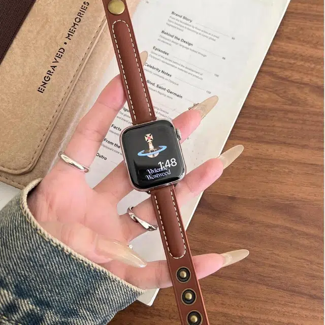 老佳 苹果适用 手表表带 真皮材质 复古按扣细款真皮表带男女通用