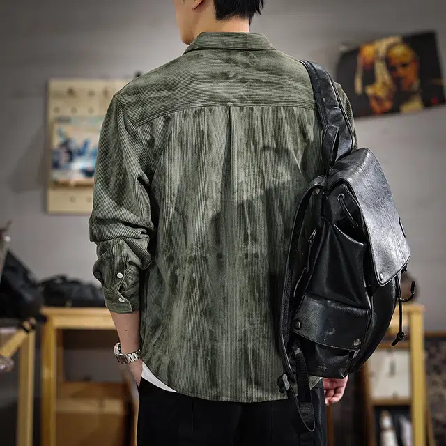 遨宇 美式复古潮牌印染水洗灯芯绒长袖宽松重磅休闲户外衬衫 男女同款