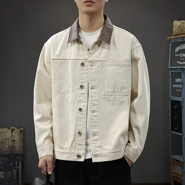 前进牛 美式经典撞色潮牌复古运动学院风翻领潮流雅痞轻奢高端工装重磅水洗纯棉上衣牛仔外套 男款