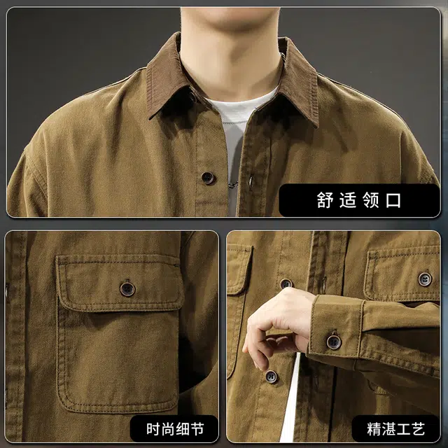 前进牛 美式户外机复古经典高级感翻领纯棉工装衬衫潮牌大码休闲衬衣夹克外套 男女同款